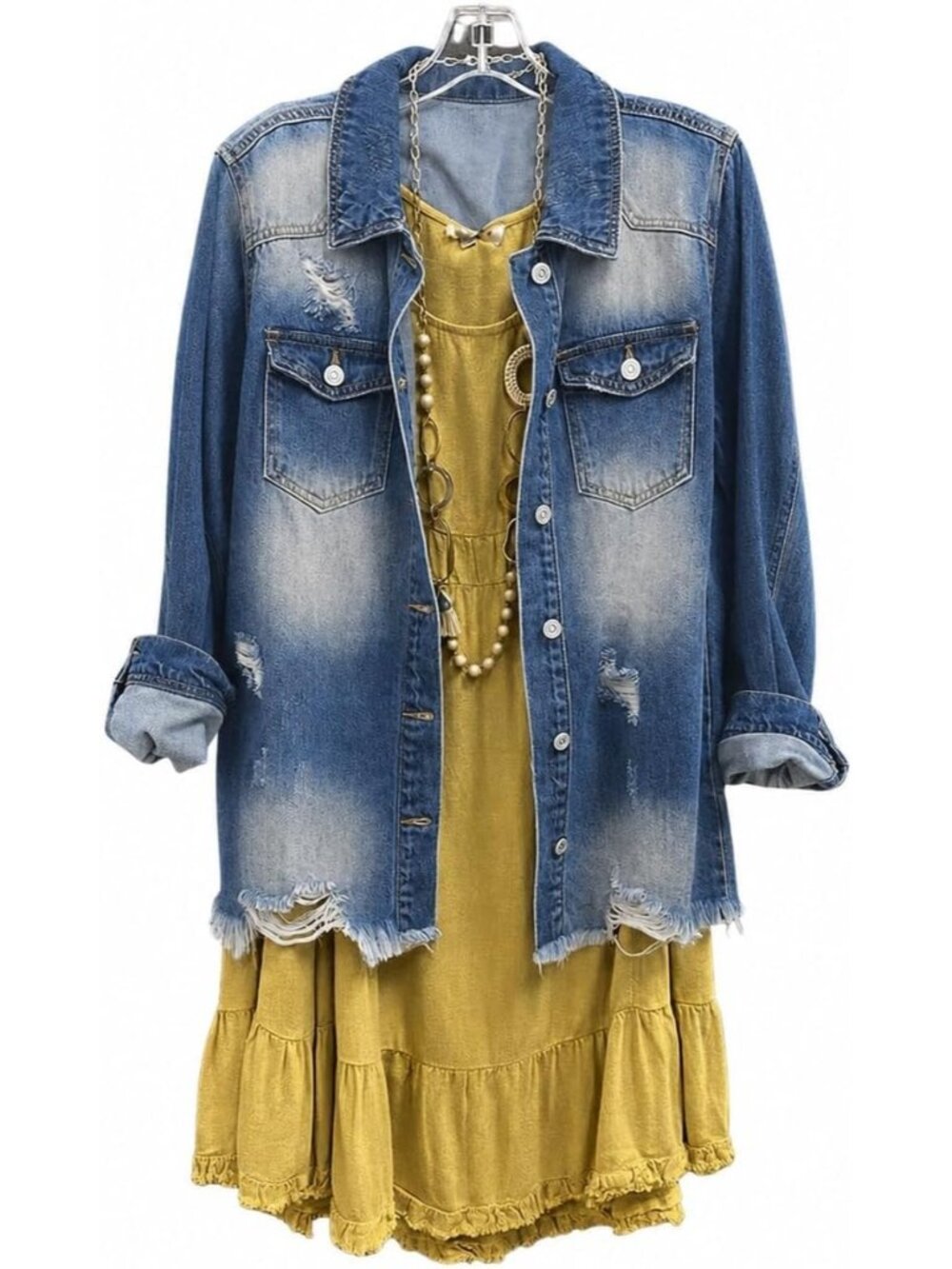 Women's Dark Blue Ripped Distressed Button Down Mid Long Casual Jean Jacket